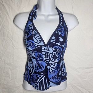 Vintage y2k 90s blue floral whimsical halter tankini top